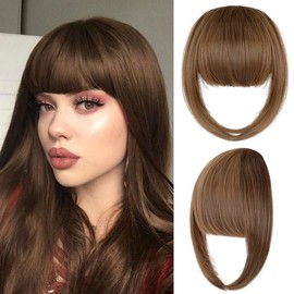 FeidyLong Bangs Hair Clip in Extensions French Bang Natural Full Fake Bangs Straight Fringe Hairpieces with Temples for Women Daily Wear Wigs Light Chestnut Brown