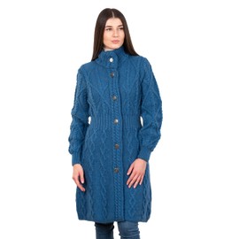 SAOL Irish Cardigan Made of 100% Merino Wool for Women with Celtic Knot Buttons Aran Long Outdoor Cable Knit Coatigan, blue-green