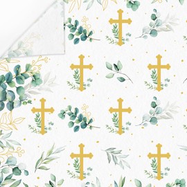 JarThenaAMCS 60 Sheet First Communion Tissue Paper Greenery Gold Cross Gift Wrapping Paper Art Paper for DIY Crafts Newborn Christening Baby Shower Party Supplies, 14 x 20 Inch