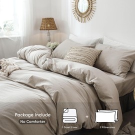 MooMee MooMee Bedding Duvet Cover Set 100% Washed Cotton Linen Like Textured Breathable Durable Soft Comfy (Tannish Linen Grey, Queen)