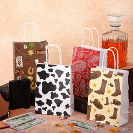 Marspark 24 Pcs Western Cowboy Party Favor Gift Bags Rustic Hat Boots Paisley Goodies Treat Paper Totes with Handle for Birthday Christmas Party, 4 Styles