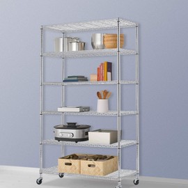 48" D×18" W×82" H Wire Shelving Unit Metal Shelf with 6 Tier Casters Adjustable Layer Rack Strong Steel for Commercial Restaurant Garage Pantry Kitchen Garage，Chrome