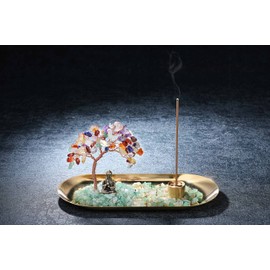 Jovivi Soporte de incienso de cristal para varillas, cuarzo rosa, piedra de cristal curativo, árbol del dinero, estatua de Buda, quemador de incienso, bandejas de incienso para riqueza, buena suerte, yoga, meditación y decoración del hogar