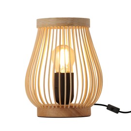 SUNLLOK Boho Table Lamp with Wooden Base, Retro Rattan Lamp, Small Bedside Lamp for Bedroom, Industrial Bamboo Lampml, Reading Lamp, Table Lamps Decoration for Living Room, Children's Room, Office