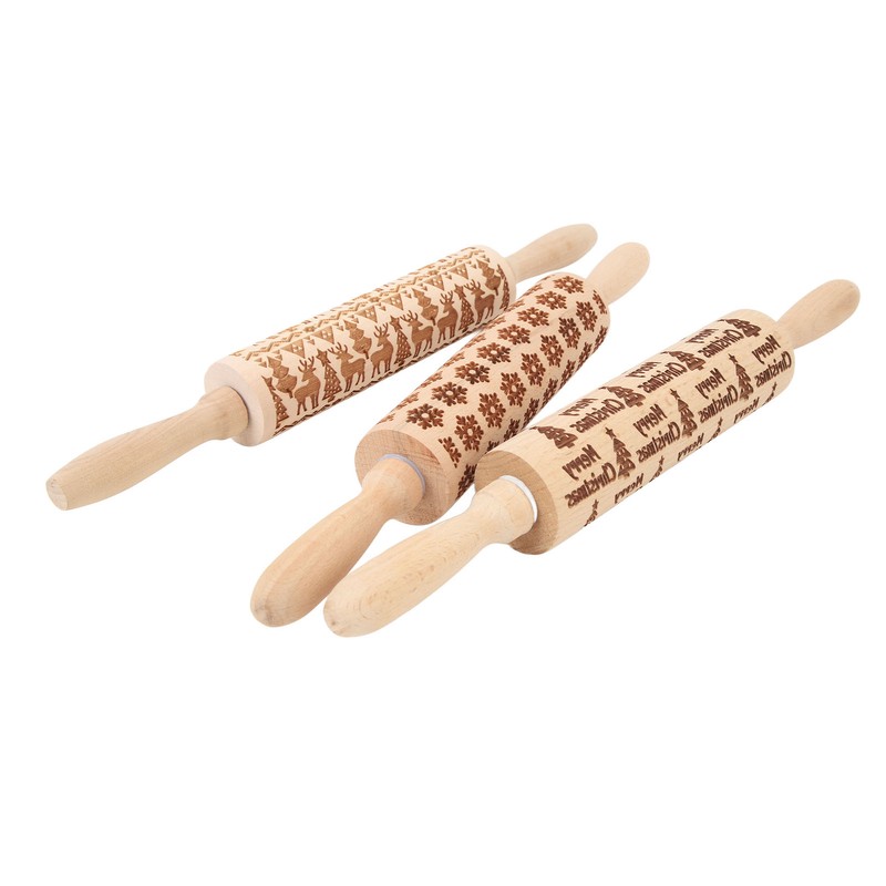3Pcs Wooden Embossed Rolling Pin Cute Christmas Pattern Engraved Embossing