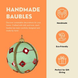Kalinda Handmade Upcycled Bauble | 8cm Light Mint with Red, Orange & Pink Accents | Unique Christmas Ornament | Eco-Friendly Décor | Sustainable Whimsical Tree Decoration
