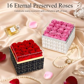 MAMAMIKO 16 Preserved Rose, Eternal Red Forever Flowers Roses in Acrylic Box, Flowers Gifts for Her Woman Wife Girlfriend on Birthday, Anniversary, Valentine's Day, Christmas
