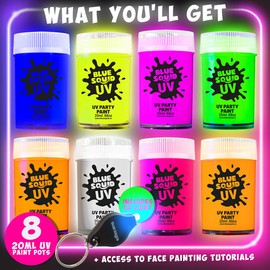 Pintura para rostro y cuerpo que brilla en la oscuridad, calamar azul fluorescente, para luz UV y negra, juego de 8 colores de pintura facial de neón + linterna ultravioleta gratis, maquillaje brillante para festivales