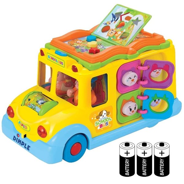 Dimple Educational Interactive School Bus Toy with Tons of Flashing Lights, Sounds, Responsive Gears and Knobs to Play with, Tons of Fun, Great for Kids and Toddlers (Bus with Batteries Included)