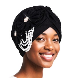 IYOU Flower Afrcian Head Wraps Black Floral Turban Headband Pearl Tassel Beanie Cap for Women