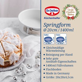 Dr. Oetker Springform Tin, 20 cm Diameter, ‘White Christmas Baking’ Round Baking Tin with Non-Stick Coating, High-Quality, Made of Sheet Steel, Versatile (Colour: White)