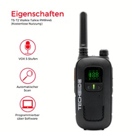 Techside TS-T2 Professional Walkie Talkie with 16 PMR446 Channels (Free Use), VOX with 5 Levels, Automatic Channel Search, Earphones and USB Charger, Fully Equipped