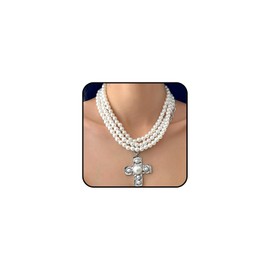 Stackable Pearl Cross Choker Necklaces for Women Punk Cross Beads Pendant Necklaces Layered Big Crucifix Necklaces Wedding Jewelry Accessories (Silver)