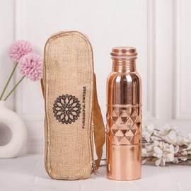 FURNISHFUL FINESSE Pack of 2 Copper Water Bottle with Jute Carry Bags 1000 ml Pure Copper Bottle 34 Oz Ayurvedic Copper Flask for Gym, Yoga, Office, Outdoor, Hiking - Set of 2