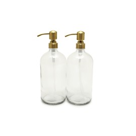 Vivaplex, 2, Large, 32 oz, Empty, Clear Glass Bottles with Stainless Steel, Yellow Gold, Lotion Pumps