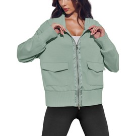 Fisoew Women's Zip up Sweatshirt Collared Neck Long Sleeve Loose Casual Lightweight Jacket with Pockets Pea Green