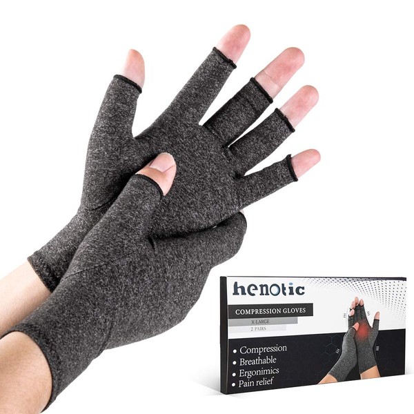 HENOTIC 2 Pairs Arthritis Compression Gloves for Women Men, Fingerless Breathable & Moisture Wicking Compression Gloves for Relieving Carpal Tunnel Aches, Rheumatoid Pains, Joint Swell