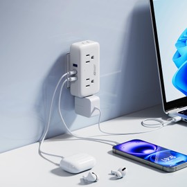 USB Outlet Extender Surge Protector - 360° Rotating Plug, 2 AC Multi Plug, 2 Polarized Outlets and 3 USB Ports (1 C), 3-Sided Swivel Power Strip Spaced Splitter for Home, Office, Travel