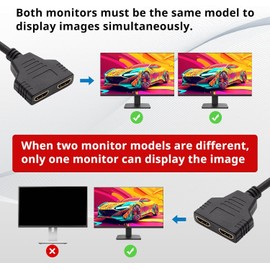 Hdmi Splitter 1 in 2 Out Adapter Cable -HDMI Splitter Male to Dual HDMI Female 1 to 2 Way for HD, LED, LCD, TV, Support Two The Size Same TVs at The Same Time Mirror Only Can't Extend Displa