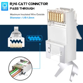 JODROAD RJ45 Cat6A Cat7 Conectores pasantes blindados – 3 clavijas 8P8C 50U chapado en oro 2 piezas enchufe modular de datos de paso a través para cable FTP/STP y cable sólido (paquete de 30)
