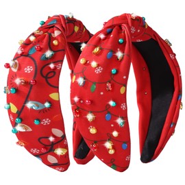 IDDFEVE 2Pcs Christmas Headbands for Women - Colorful Light String Rhinestone Knotted Hair Hoops, Xmas Crystal Pearl Accessory for Holiday