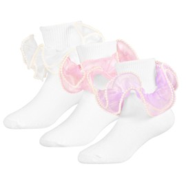 WBZOTSS 3 Pairs Toddler Ruffle Socks Cute Pearls Lace Double Frills Socks for Little Girls Dress and Daily Match (US, Age, 4 Years, 6 Years, white/pink/Purple-3 Pairs)