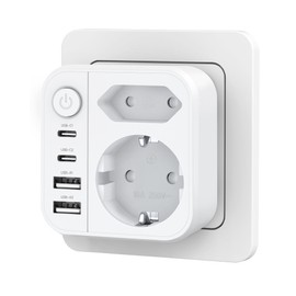 OUFUYU Multiple Socket 6 in 1 with USB, Double Plug with 2 USBA and 2 USBC Sockets, Wall Socket with Switch (3680W/16A), Multiple Plug for Home/Office/Travel