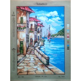 MEDITERRANEAN HOUSES BY THE RIVER NEEDLEPOINT CANVAS #14.743 CANVAS ONLY