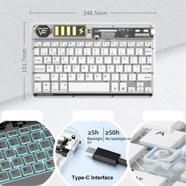 Wireless Keyboard & Mice Combo BT3.0 Connection Transparent Designs LED Colorful Backlit Rechargeable Keyboard Battery Display Key Mute Mouse Type-C Charging Support PC, Laptop, Tablet, Phone for Office, Home, Game Compatible with Windows MacOS