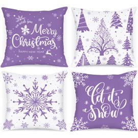 Lanpn Christmas Throw Pillow Covers 18x18 4 pcs, Merry Christmas Xmas Winter Snowflake Decorative Holiday Cushion Pillow Cases 18 x 18 Indoor Farmhouse Home Room Couch Sofa Decor (Purple)