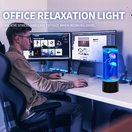 Jellyfish Lamp 12"-Black Minimalist Cylinder Table Lamp with 2 Large Jellyfish & 2 Fish,16 Color Changing LED,USB Powered,Remote Control,Jellyfish Light Lamp for Bedroom,Home Decor