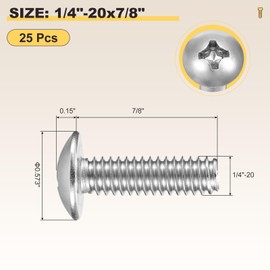 METALLIXITY Machine Screws Phillips Head(1/4"-20x7/8") 25Pcs, 304 Stainless Steel Round Head Phillips Drive Furniture Bolts - for Woodworking & Furniture Assembly, Silver