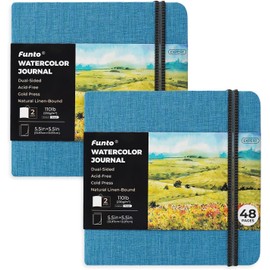Funto Watercolor Journal, Square, Dual-Sided Cold-Pressed Paper, 5.5" x 5.5", Portable 2-Pack, 48 Pages Each, Blue Cover with Elastic Band, 110 lb/230gsm, Art Supplies for Mixed Media