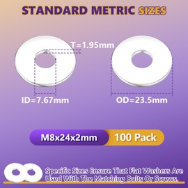 Washers, M8 Flat Washers, 100Pcs Metal Washers for Screws Bolts, 18-8 (304) Stainless Steel Fender Washers, Assorted Hardware Metal Washers Kit for Factories, Home, Shops, Construction(M8x24x2mm