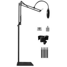 Mic Stand Floor Boom Arm for Blue Yeti, Nano, Snowball, HyperX QuadCast, SM7B MV7, Fifine K688 and More Mic, Floor Microphone Stand with 3/8" to 5/8" 1/4" Screw, Pop Filter Mic Clip Cable Ties