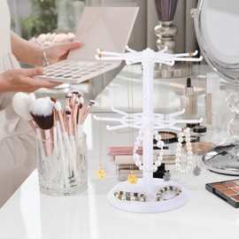 DEARMAMY Rotating Jewelry Stand, 2 Tier Necklace Holder Bracelet Hanging Organizer Keychain Jewelry Display Stand Plastic Jewelry Rack for Malls Counter Dressing Table (White)