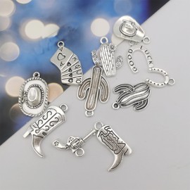 GraceAngie 120 Pieces Western Cowboy Charms for Jewelry Making Antique Silver Golden Cowboy Boot Hat Cactus Charms Western Pendant Cowboy Charms for Bracelet Necklace (Silver)