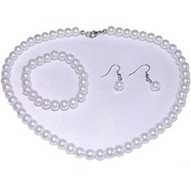 Fashion Jewelry ~ White Faux Pearls Necklace Earrings and Bracelet Set for Women Casual or Formal