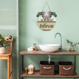 TOARTi Rustic Bathroom Open 24 Hours Please Seat Yourself Wood Sign with Wreath&Bow Farmhouse Bathroom Open Wooden Wreath for Restroom Toilet Powder Room Wall Decor