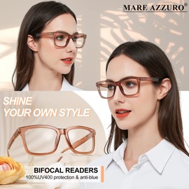 MARE AZZURO Large Square 1.25 Bifocal Reading Glasses Women Blue Light Blocking Readers 100 125 150 175 200 225 250 275 300 350 (Brown, 1.25)