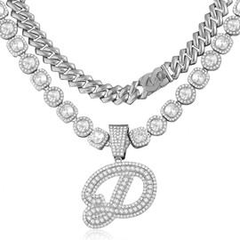 2pcs Cuban Link Chain for Women Cursive Silver Initial Necklace Cuban Link Necklace for Women Hip Hop Iced Out Chain Necklace Bling Diamond 14mm Cuban Chain Letter Name Hip Hop Jewelry Gift (D, Silver)