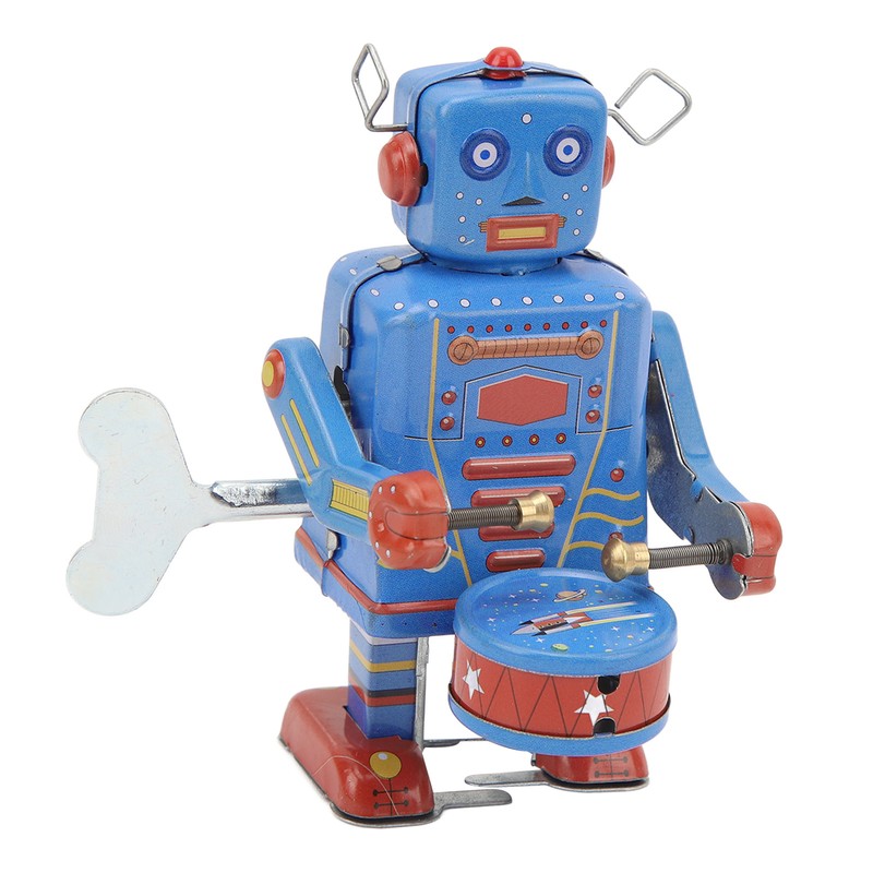 Clockwork Drumming Robot Toy Tinplate Retro Hand Made Drum Wind