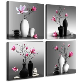 DJSYLIFE Modern Bathroom Pictures Wall Decor Zen Flowers Paintings Canvas Decorations Black and White Wall Art for Bedroom Living Room Home