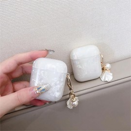 OTOPO for Cute Airpods 2nd/1st Gen Case Pink Girl Wome with Cleaner Kit, Glitter Shell Pattern Airpods 2/1 Protective Cover Skin with Luxury Pearl Shell Keychain for Airpods 2nd/1st Generation, White