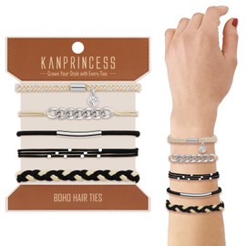 KANPRINCESS Hair Tie Bracelet, 5 Pcs Boho Hair Ties For Girls and Women, Elastic Hair Ties, Hair Bands For Ponytails, Ponytail Holder For Daily Life, Sport, Cooking, Working (Set 11)