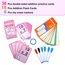 Limque 1-12 Math Flash Cards with 6 Dry Erase Pens, 15Pcs Big Addition Flash Cards + 36 Pcs Random Double-Sided Addition Practice Card, Educational Math Flashcards for Kids Ages 3+