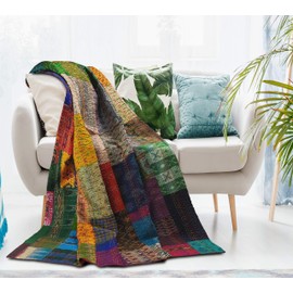 LR Home Traditional Patola Kantha Throw Blanket, 50"X70", Multi