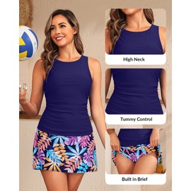 Daci Womens Tankini Swimsuits with Skirt - Two Piece Tummy Control Bathing Suits High Neck Swimwear, Navy Blue and Leaves, Large