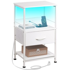 WLIVE White Night Stand with Charging Station, LED Nightstand with Adjustable Fabric Drawer, 3-Tier Storage Bedside Table, Small End Side Tables for Bedroom