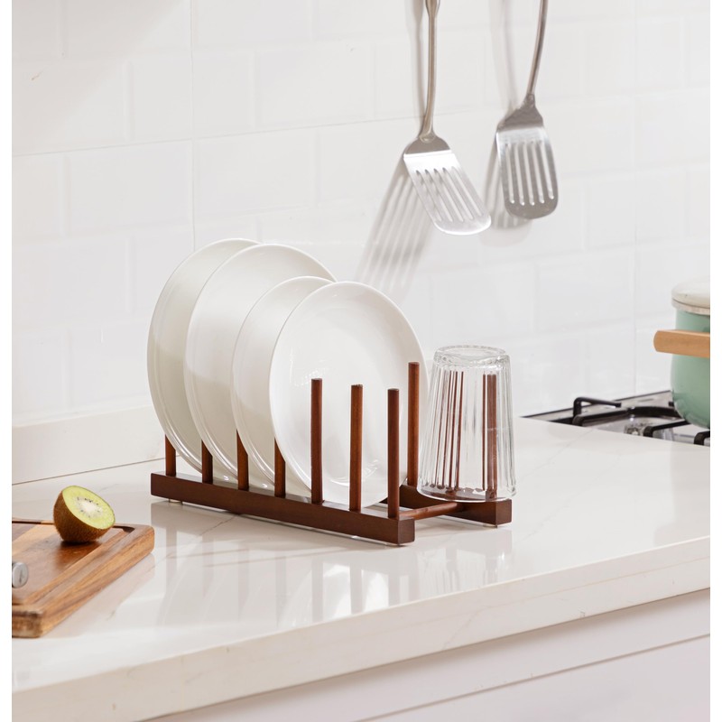 HBlife 4pcs 6 Slots Teak Dish Plate Bowl Cup Book